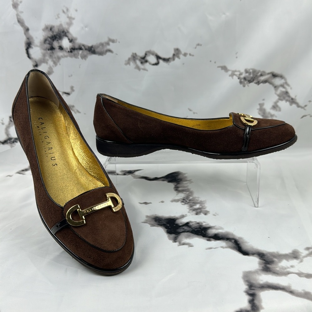 Caligarius Brown Suede Flats Goldtone Equestrian Buckle Accent Slip on Loafers